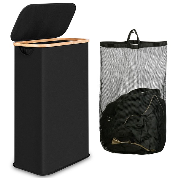 iEGrow 60L Slim Laundry Hamper with Lid,Black Hampers for Laundry,Narrow Laundry Basket with Removable Inner Bag & Bamboo Handles,Tall Thin Clothes Hamper for Clothes Toys Towels Organization