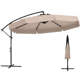Tangkula 10FT Offset Hanging Umbrella with Cover, Patio Cantilever Umbrella w/ Easy Tilt Adjustment, Crank, Ruffled Edge, 8 Ribs, Sun-Protective Canopy, Heavy-Duty Outdoor Parasol for Pool Garden Deck (Beige)