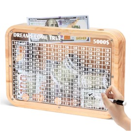 Wooden Money Saving Box with Cash Vault $5000 Piggy Bank for Adults Kids Boys with Counter Coin Challenge Bank for Girls （Target $5000）