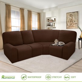 ROFASVCO 100% Waterproof Reclining Sectional Couch Covers Fleece Stretch 4-Piece L Shape Recliner Sofa Cover Washable Non Slip Corner Couch Cover Recliner Slipcovers Protector (4 Seat, Dark Brown)