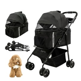 WagFido Pet Stroller,4 Wheels 3in1 Multifunctiona Dog Stroller with Brake,33lb Weight Capacity,Lightweight Portable One-Click Folding,Storage Basket Cup Holder,for Dogs/Cats Travel,Black