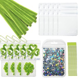 Clover Pipe Cleaner DIY Kit, Makes 10 Complete Lucky Crafts with PVC Clear Bags & Hanging Keychain & Silver Glitter, for Gift & Decoration St. Patrick's Day Supplies