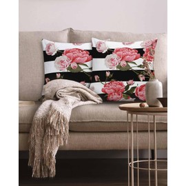 2 Packs Decorative Cotton Throw Pillow Covers, Pink Floral Rose Black and White Stripe 16 x 16 Inch Square Reversible Soft Cushion Case for Couch Bedroom Sofa Living Room Chair Car