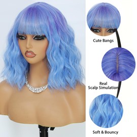 Monaluxe Purple to Blue Short Bob Wigs with Bang Synthetic Loose Curly Wavy Pink Bob Wig Shoulder Length for Women Girls Daily Short Wavy Colorful Wig