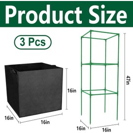 3 Packs 47 x 16 x 16 Inch Garden Tomato Cages with 17.7 Gallon Grow Bags- Square Plant Support Trellis Assembled with Planter Bags- Garden Cucumber Vegetables Frames for Vertical Climbing Plants