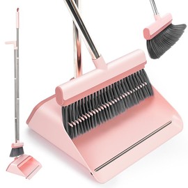 KZKR Pink Broom and Dustpan Set with Adjustable Handle for Indoor & Outdoor Cleaning, Dual Compartment, Comfortable Design