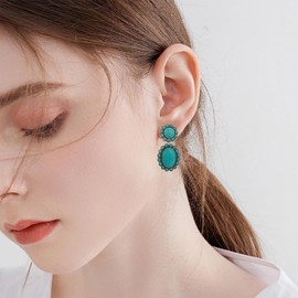 ZULYSTO Earrings For Women Trendy Colorful Oval Drops Vintage Turquoise Geometric Floral Rhinestones Glass Bohemian Dangles Music Festival Beach Party Jewelry Wedding Gifts