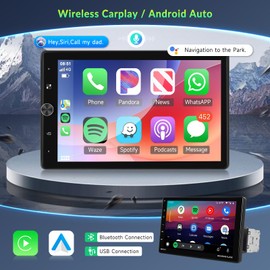 10.4" Single Din Single Din Touchscreen Car Stereo with Wireless Carplay& Android Auto, Adjustable Car Radio with Bluetooth, Mirror Link, FM Radio, Subwoofer, SWC, Backup Camera