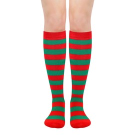 Olreco Knee High Christmas Socks for Womens Christmas Socks Women Green Striped Socks Green Tube Socks Women Red Striped Socks