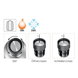 cilio Deluxe Insulated Drinking Bottle, Stainless Steel Thermal Flask, 360° Drinking Cap, Double Wall System, Break-proof and Leak-Proof, 18 Hours Hot and 24 Hours Cold, 450 ml, Height: 23 cm,