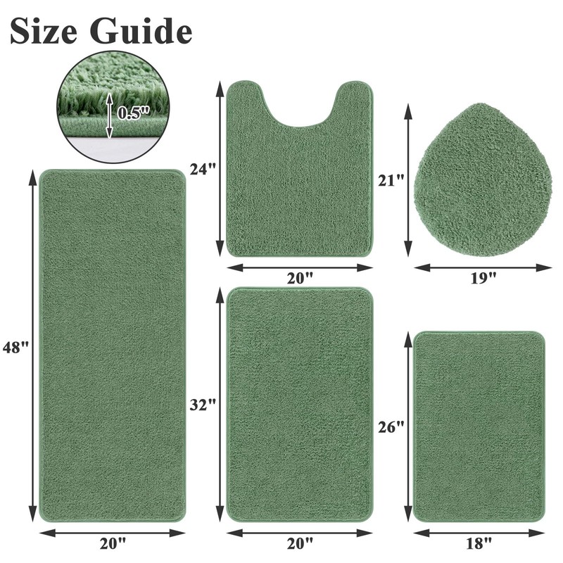 SHACOS Sage Green 5 Pieces Bathroom Rugs Set with Toilet