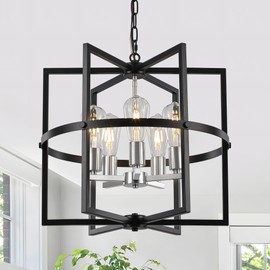 QMNHAU 5-Light Modern Drum Chandelier, 19'' Brushed Nickel Farmhouse Pendant Lights with Industrical Metal Cage, Adjustable Rustic Hanging Light Fixture for Dining Room Kitchen Island Bedroom Hallway