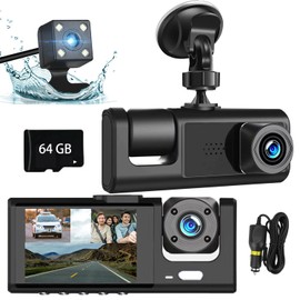 Lirgcuatro DashCam para Auto, HD 1080P Cámara Carro Delantera Trasera Interior con Tarjeta SD 32GB, Camara Automovil con Súper Visión Nocturna, IPS 2.0'', Ángulo Ancho 170°