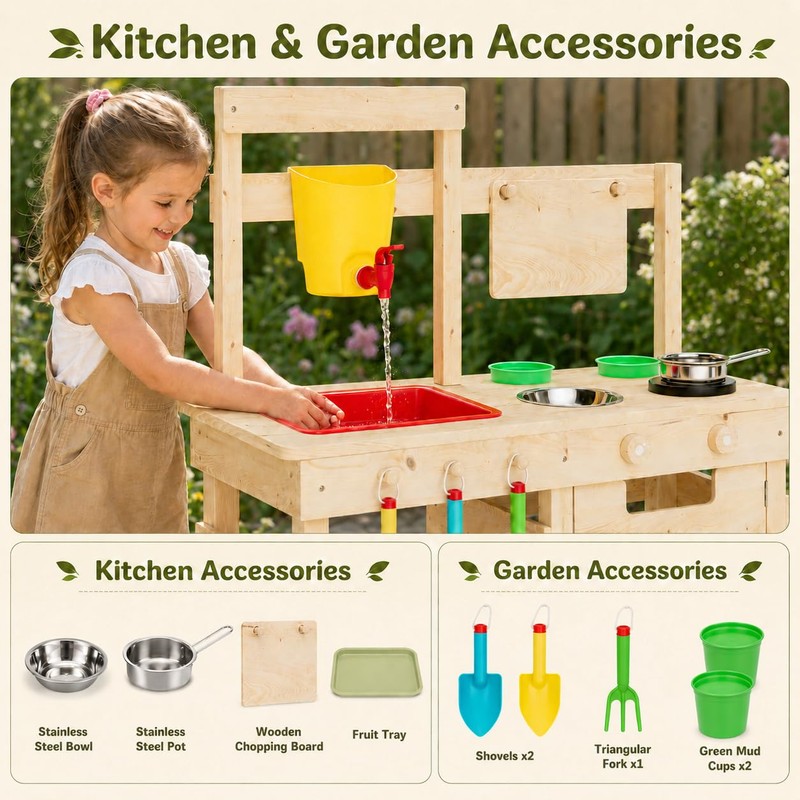 Wooden Outdoor Mud Kitchen for Kids, Waterproof Solid Wood Play