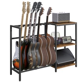 MAHANCRIS Guitar Stand, Guitar Holder for 7 String Instruments, Suitable for Acoustic Guitar, Bass, Electric Guitar, Guitar Display Rack with Side Shelves for Amplifier, Record Player, Audio Equipment, with Non-Slip Rubber Pads, for Music Studio, Rustic Brown and Black GSHR9701