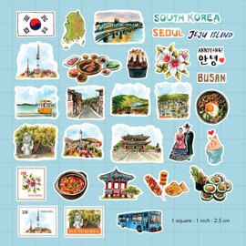 Navy Peony Scenic South Korea Travel Stickers (30pcs) - Watercolor, Waterproof, Iconic Seoul Vacation Decals for Journals, Scrapbooks, Water Bottles