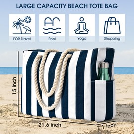 oscaurt Beach Bag, Swimming Bag, Waterproof Striped Beach Bag with Zip with Wet Bag, Large Beach Bag for Women