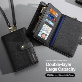 OWLGuardian Passport Case, Large Capacity, Bifold Wallet, Thin, Security RFID Included, Airtag Storage, Passport Cover, Multi-functional Storage Pocket, Zippered Coin Case, Detachable and Adjustable