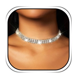 JEAIRTS Layered Rhinestone Choker Necklace Sparkly Diamond Row Necklaces Elegant Crystal Party Prom Jewelry for Women (1-Silver)