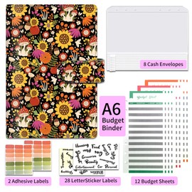 ALKKDPS Budget Binder with Cash Zipper Envelopes, Cute A6 Money Saving Binder, PU Leather Money Organizer, Cash Envelopes and 12 Expense Budget Sheets for Budgeting Colorful Sunflower