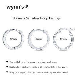 wynn's Silver Hoop Earrings for Women, 925 Sterling Silver Hoop Earrings Set, Silver Small Sleeper Hoop Earrings, Hooped Huggie Cartilage Earrings for Women Girls (12mm Hoop Earrings*3)
