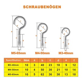 MOGADEE® Pack of 30 Stainless Steel Screw Hooks, Ceiling Hooks, Hook Screw, Screw-In Hooks, Robust Cup Hooks (M3-40 mm x 10, M4-50 mm x 10, M5-65 mm x 10)