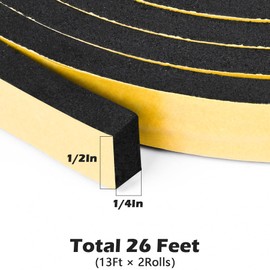 ToLanbbt Black Door Window Weather Stripping Self Adhesive Foam Tape High Density Foam Sealing Strip Window Insulation Weatherproof Gasket Tape 1/2" Wide X 1/4" Thick, 13 Ft X 2 Rolls, Total 26 Feet