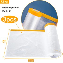 LOSYHU 3 Pack Protective Masking Film with Tape 5 x 65 Ft Car Painters Plastic Sheeting Roll Tape and Drape Masking Film for Automotive Painting Covering Frames, Furniture, Auto Body
