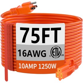 huanchain 75 Foot 16/3 Gauge Outdoor Extension Cord Waterproof, Flexible Cold-Resistant Appliance Extension Cable Outside, 10A 1250W 16AWG SJTW, 3 Prong Heavy Duty Electric Cord Orange, ETL
