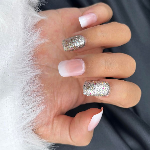 Xiokyo 24Pcs Press on Nails Short Squoval Gradient Pink White