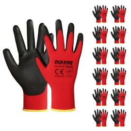 Safety Work Gloves PU Coated-12 Pairs,Red Seamless Knit Glove with Polyurethane Coated Smooth Grip on Palm & Fingers, for Men and Women, Ideal for General Duty Work (Large)