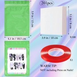 100PCS Empty Solid Green Holographic Nail Storage Bag Press on Nail Packaging Bag and 100PCS Shiny white cardboard Nail Tips Packaging Bags with 1 Roll Transparent Tape