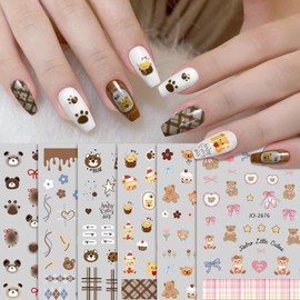 6 Sheets Small Bear Nail Art Sticker Decal 3D Embossed Self-Adhesive Cute Color Flower Brown Bear Nail Art Design Sticker Supplies for Women Girls Manicure Art Decoration 931-9