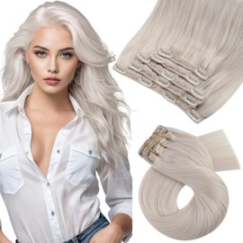 Moresoo Blonde Clip in Hair Extensions Human Hair 18 inch Human Hair Clip in Extensions Platinum Blonde Double Weft 80g/5pcs