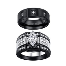 Two Rings His Hers Wedding Ring Sets Couples Matching Rings Women's 2pc Black Gold Plated White CZ Wedding Engagement Ring Bridal Sets Men's Titanium Band Wedding Band