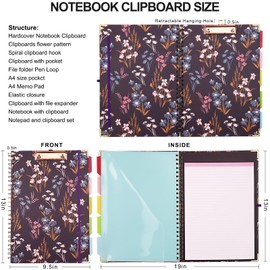 Clipboard Folio with Refillable Lined Notepad for A4 Size 5 Folders with Storage 10 Pockets Pretty and Sturdy Storage Clipboard Portfolio for Women Nurse Teacher Resume (Flower Purple)