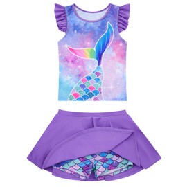 Swimsuits for Girls Size 3-4 Mermaid Rash Guard for Girl Bathing Suit 2-Piece Kids Tankini Set UPF50+ Purple Ruffle Modest Swimwear with Shorts Lining Surfing Sport
