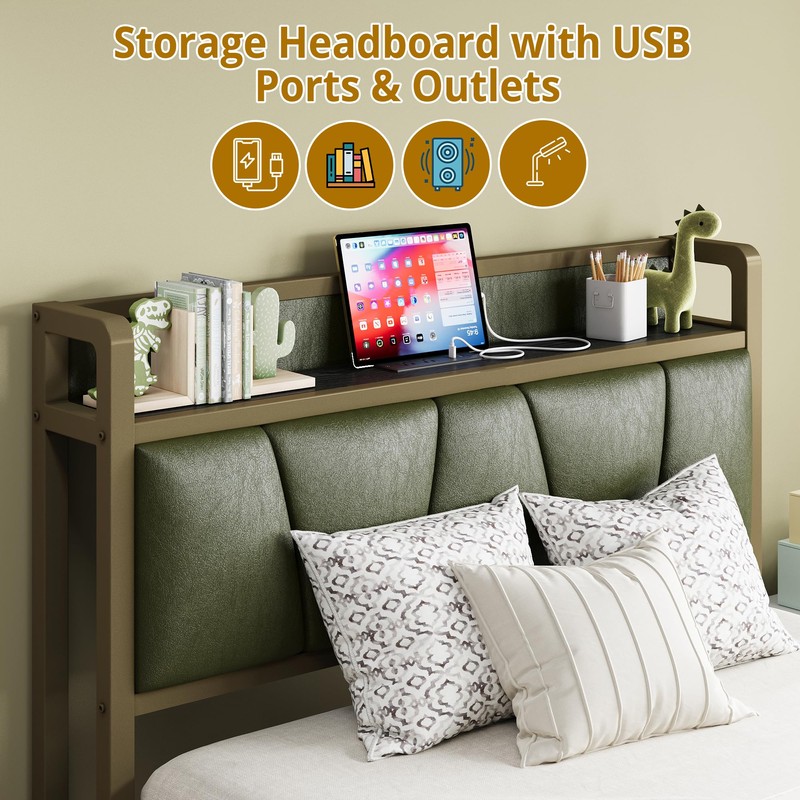 LIKIMIO Twin Bed Frame, Storage Headboard with Charging Station, Solid