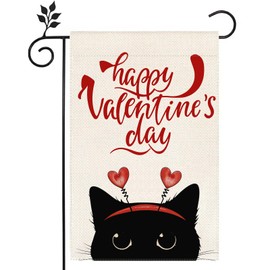 Cat Rose Red Love Heart Happy Valentine's Day Garden Flag 12x18 inch Double Burlap Home Holiday Decoration Outdoor Yard Flag -C