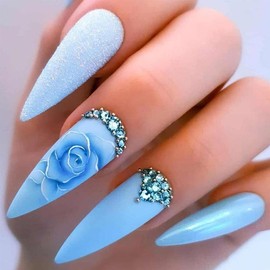 24Pcs Press on Nails Almond,Blue Rose False Nails with Designs Rhinestones, Almond Shaped Press on Nails, Fake Nails Medium Silver Glitter Artificial Nails For Women Girls
