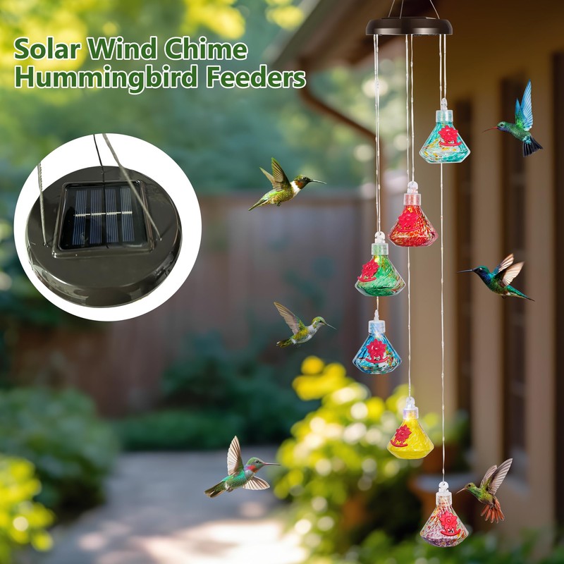 LUJII Solar-Powered Wind Chimes Hummingbird Feeders for Outdoor Use, Featuring