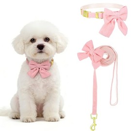 Bonito juego de collar y correa para perro pequeño con moño desmontable, collar ajustable y correa con hebilla de metal segura para caminar diario, fiestas y día festivo, rosa, S