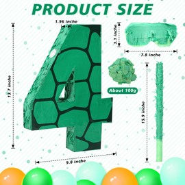 Gemscream Number 4 Cartoon Turtle Theme Piñata Set 13.7 x 9.8 x 1.9 Inch Green Turtle Piñata with Blindfold Stick and Confetti for Kids Boys Girls Animal Birthday Decoration Supplies Game Props