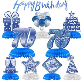 70th Birthday Decorations, 10 Pieces Blue Silver Birthday Table Centerpieces with Happy Birthday Banner, Birthday Honeycomb Table Topper 70th Birthday Gifts for Men Woman Happy Birthday Party Supplies
