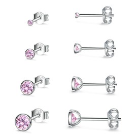 Small Stud Earrings for Women Men Girls- 4 Pairs of Tiny Round Pink Cubic Zirconia Sterling Silver Post Earrings CZ Small Cartilage Tragus Earrings(2/3/4/5mm)