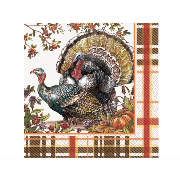 Multicolor Plaid Turkey Luncheon Paper Napkins (Pack of 16) - 6.5" x 6.5" - Perfect for Fall and Festive Celebrations