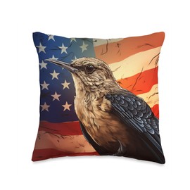 Patriotic Bird Lover American Flag House Wren Throw Pillow