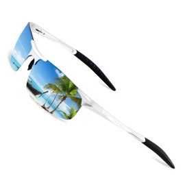 RONSOU Mens Sunglasses Polarized Sport UV Protection Ultralight Al Mg Sunglasses for Men Fishing Driving Golf Silver Frame Blue Lens