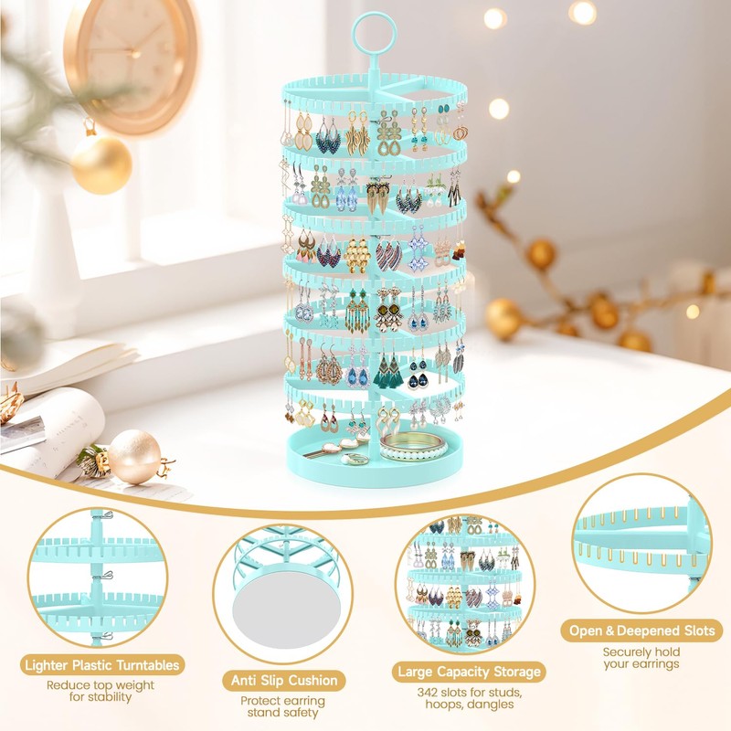 MODOWEY Rotating Earring Holder Organizer Display Tree with Metal Tray,