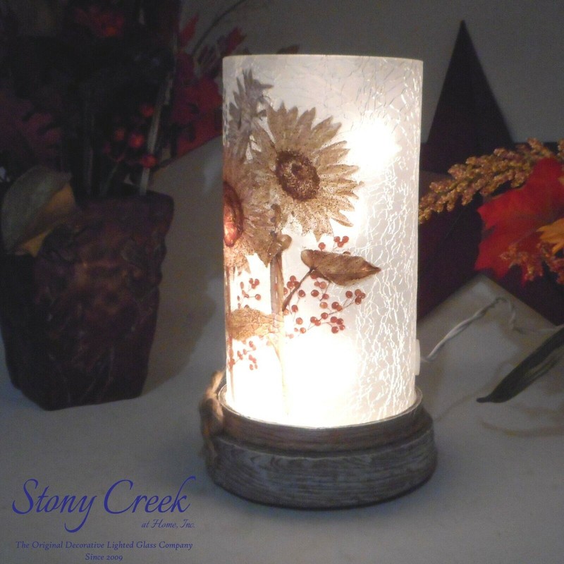 Stony Creek Decorative Lighted Glass Blue Natural Sunflowers 8" Hurricane